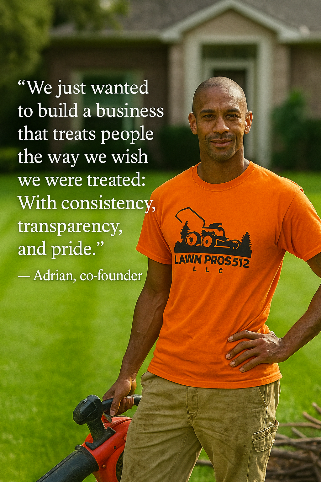 Adrian, co-founder of LawnPros512 with quote about treating people with consistency, transparency, and pride