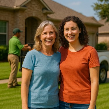 Happy customers with beautiful lawn